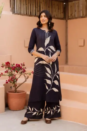 Navy Blue & Cream Leaf Print Kurta Palazzo Set