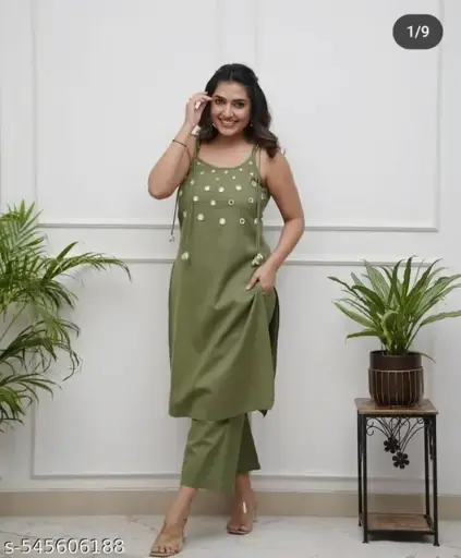 Olive Green Embroidered Kurta Palazzo Set